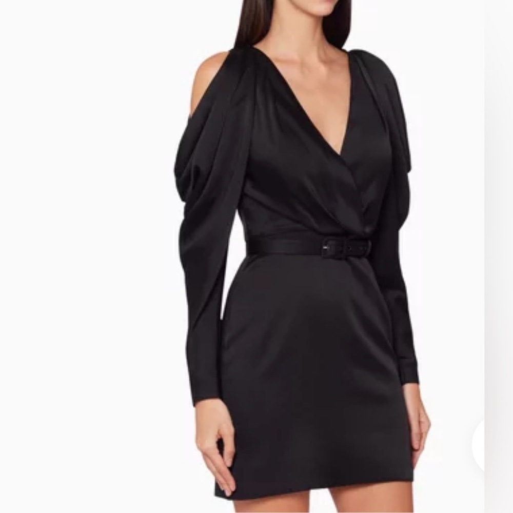 Jonathan Simkhai Pleated Cold Shoulder Satin Mini Dress Size 4 Black LBD Chic
